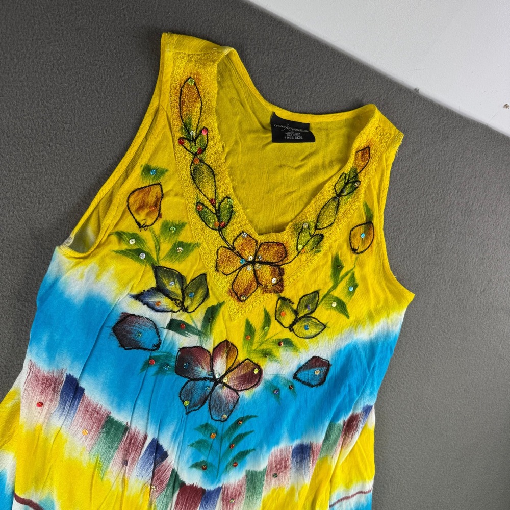 Ocean Breeze Dress Tie Dye Beach Resort Rayon Floral Sequin Sleeveless OSFA - Picture 6 of 10